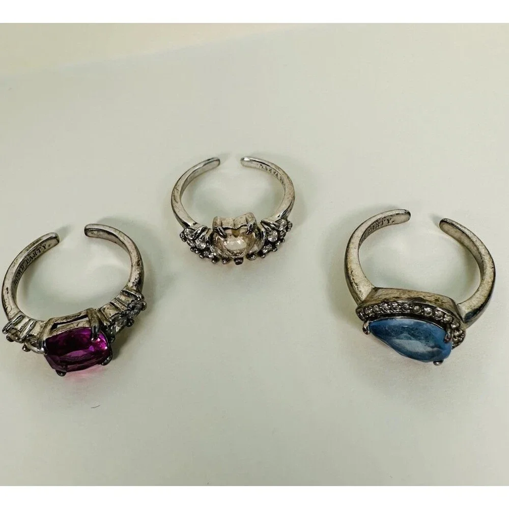 Bomb Party 3Pc Adjustable Ring Lot Size 4/5 Pink Blue Rhodium Heavy Wear